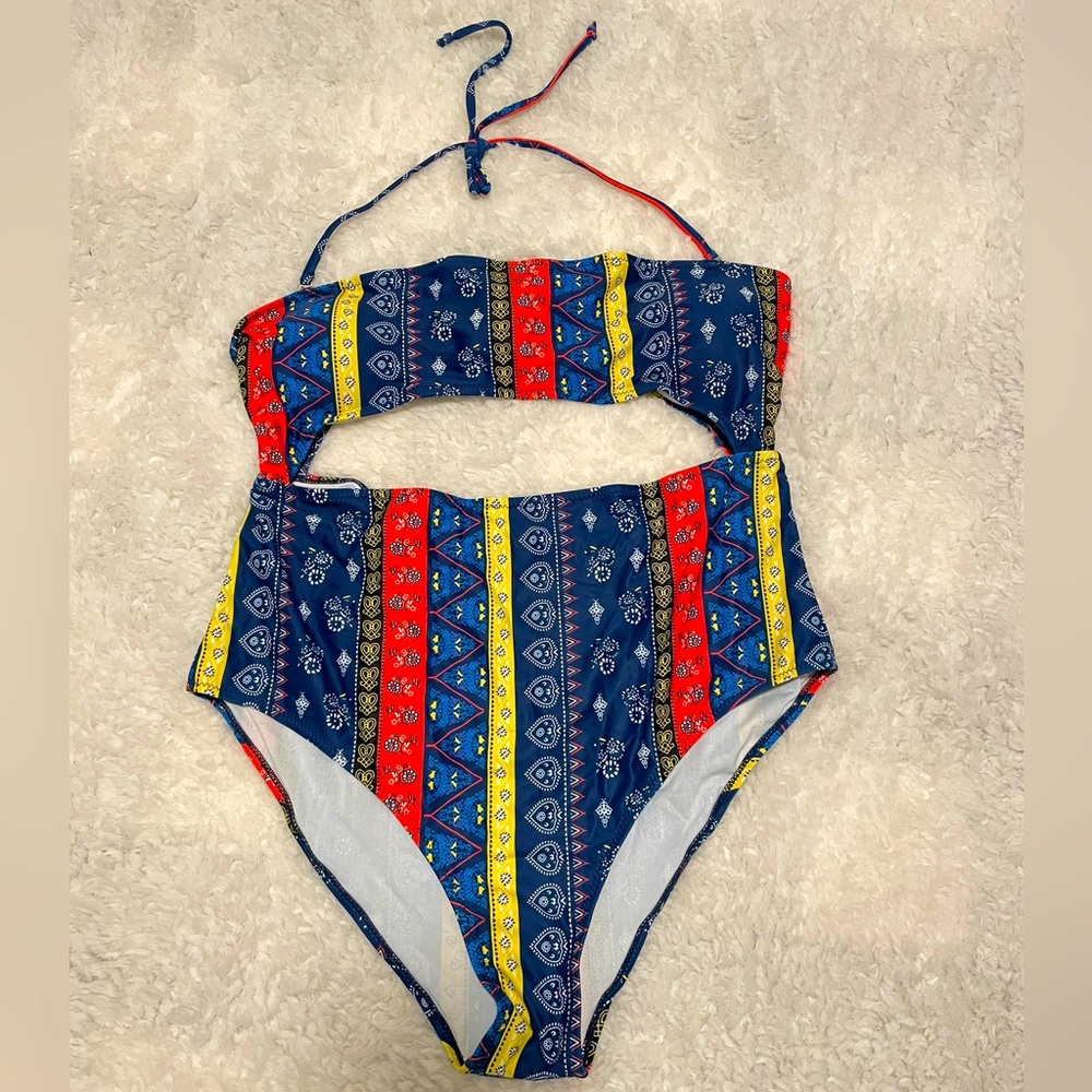 Paisley print cutout one piece bathing suit